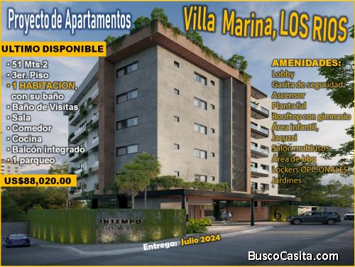  VENDO APTO DE 1 HABITACION EN TORRE INTEMPO DE VILLA MARINA, LOS RIOS,  ENTREGA EN JULIO 2024