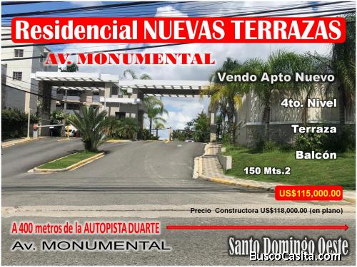 Apto  RES. NUEVAS TERRAZAS, AV. MONUMENTAL, 150 Mts.2, Terraza, Balcón,  Casa Club, a 400 Mts.  de l