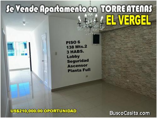 Vendo Excelente Apto en El Vergel, Torre Atenas, 3 HABS, PISO 6, 138 Mts.2, OPORTUNIDAD