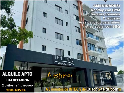 SE ALQUILA Apto (NUEVO) de 1 Habitación en TORRE INTEMPO de  Villa Marina, a 3 minutos de INTEC y de