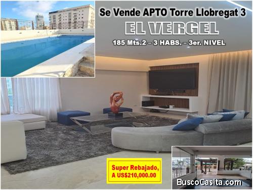 VENDO APTO CON LINEA BLANCA EN EL VERGEL, 185 MTS.2, 3 HABS., 3er. NIVEL, SUPER REBAJA, TORRE LLOBRE