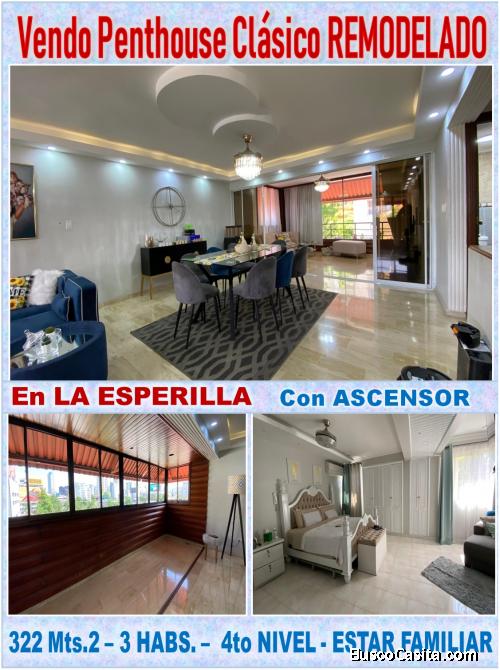 Penthouse  Clásico,  remodelado y de Oportunidad en La Esperilla, 322 Mts.2, 3 HABS., ASCENSOR