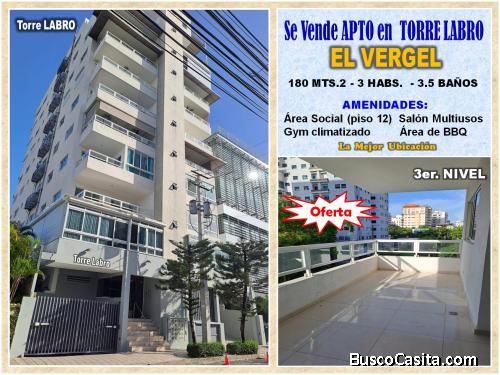 Vendo Apto en El Vergel, Torre Labro, 3 habs., 180 Mts.2, 3er. Nivel, con sus comodidades