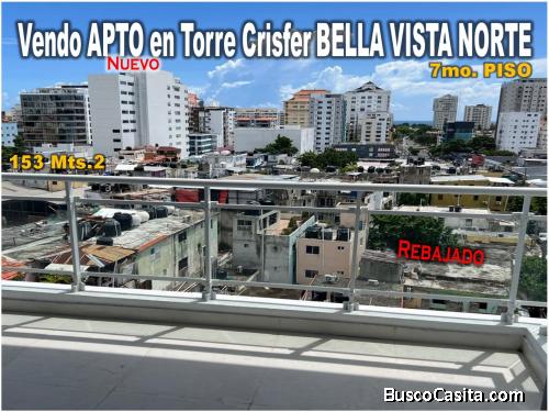 Vendo Apto para Estrene en Bella Vista Norte, CON VISTA AL MAR, 153 Mts.2, 3 habs., TORRE CRISFER SA
