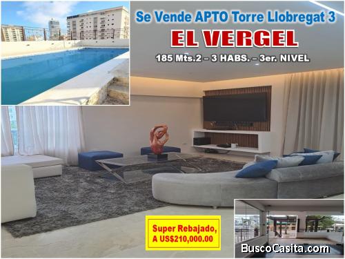 VENDO APTO CON LINEA BLANCA EN EL VERGEL, 185 MTS.2, 3 HABS., 3er. NIVEL, SUPER REBAJA, TORRE LLOBRE