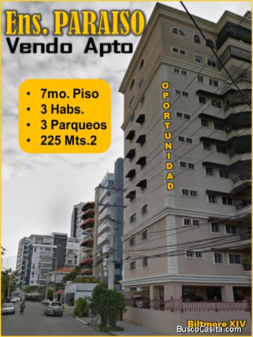 Vendo Amplio Apto en El Ens. PARAISO, 3 HABS., 3 Parqueos, 225 Mts.2, 7mo Piso