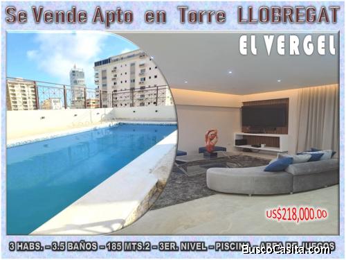 VENDO APTO EN EL VERGEL, 3 HABS., 185 MTS.2, 3er. NIVEL, SUPER REBAJA, TORRE LLOBREGAT