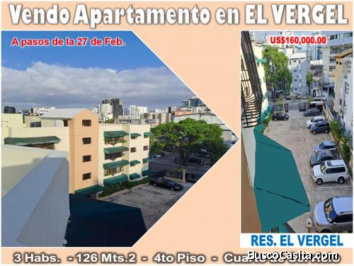 Vendo Apto EN EL VERGEL, 3 HABS., 126 Mts.2, 4to Piso, A MEDIA CUADRA DE LA 27 DE FEBRERO