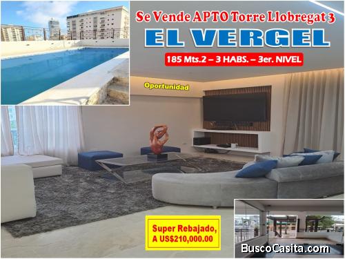 VENDO APTO EN EL VERGEL, 3 HABS., 185 MTS.2, 3er. NIVEL, SUPER REBAJA, TORRE LLOBREGAT