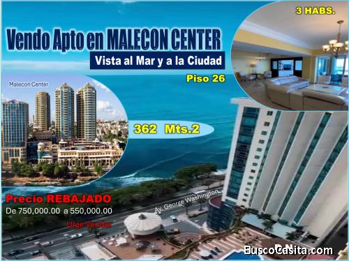APTO REBAJADO  en MALECÓN CENTER, Piso 26, 362 Mts.2, 3 Habs.. por  DEBAJO DEL PRECIO