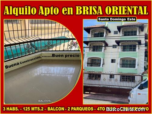 ALQUILO APTO de 3 HABS., 125 Mts.2, 4to. Nivel  en  BRISA ORIENTAL, Edificio ARBOLEDA TOWER