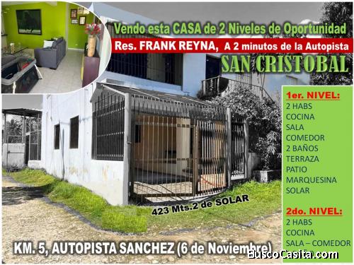 VENDO CASA 2 NIV. EN EL KM. 5, A 2 MINUTOS DE AUT SANCHEZ,  SAN CRISTOBAL, URB. FRANK REYNA