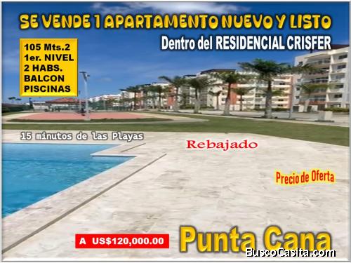 VENDO APTO 2 HABS. EN PUNTA CANA, COMPLEJO EXCLUSIVO  CRISFER, 1ER. NIVEL