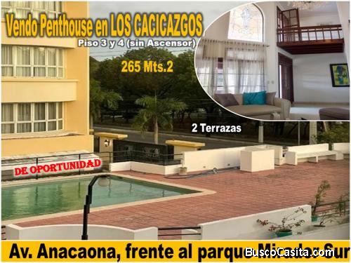Vendo Penthouse de 2 Niveles en LA ANACAONA,  Los Cacicazgos,  FRENTE AL PARQUE MIRADOR