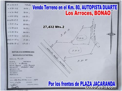 Vendo 27,432 Mts.2  en EL Km. 80 de la Autopista Duarte, por los frente de PLAZA JACARANDA en BONAO