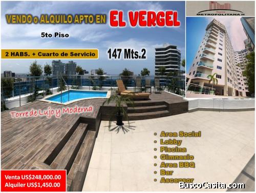 Vendo  o Alquilo Apto en Torre moderna  del  VERGEL,  2 HABS, 147 Mts.2, 5to Piso, TORRE METROPOLITA
