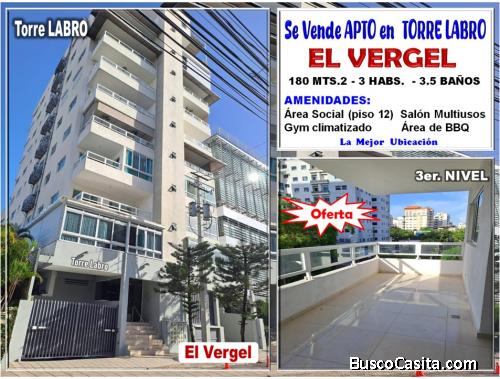 Vendo Apto en El Vergel, Torre Labro, 3 habs., 180 Mts.2, 3er. Nivel, con sus comodidades