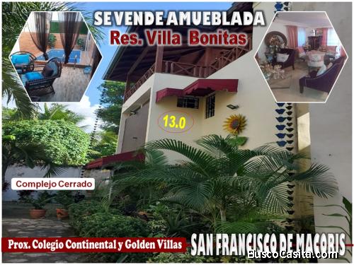 VENDO VILLA 3 NIVELES, AMUEBLADA, SAN FRANCISCO DE MACORIS, RES. VILLA BONITAS, 3 HABS., 5 BAÑOS