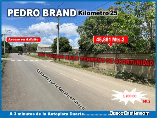 VENDO 45,881 Mts.2 Terreno en PEDRO BRAND,  a 3 minutos de La  Autopista, CALLE ASFALTADA