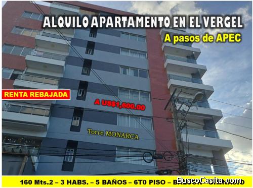 ALQUILO Apto 3 Habs.,  REBAJADO  en TORRE MONARCA, Ens. EL VERGEL, 6to PISO, INCLUYE LINEA BLANCA