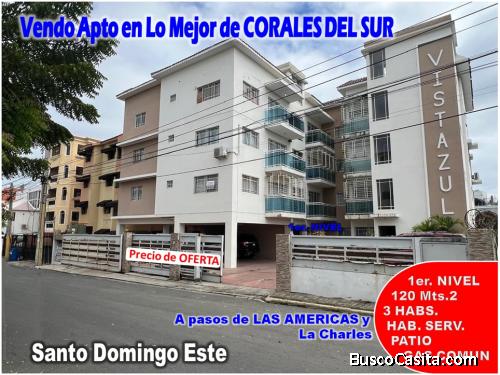 Vendo Apto en lo Mejor de  CORALES DEL SUR, 3 HABS., 1ER. NIVEL, 120 Mts.2, EDIFICIO VITAZUL, OPORTU