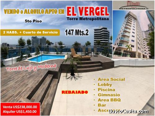 Vendo  o Alquilo Apto en Torre moderna  del  VERGEL,  2 HABS, 147 Mts.2, 5to Piso, METROPOLITANA, RE