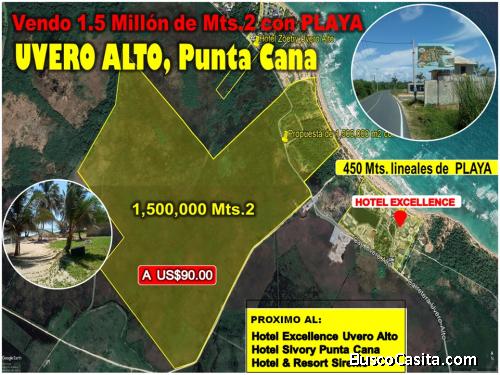 Vendo 1.5 Millón de Mts.2 CON PLAYA en UVERO ALTO o 900,000 o  600,000, PUNCA CANA, DE OPORTUNIDAD