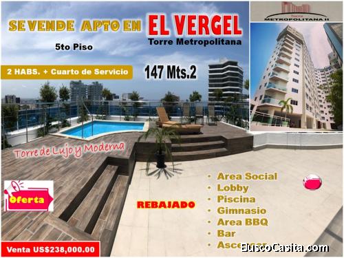 Vendo Apto en Torre moderna  del  VERGEL,  147 Mts.2, 2 HABS, 5to Piso, METROPOLITANA, REBAJADA