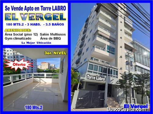 Vendo Apto en El Vergel, Torre Labro, 180 Mts.2, 3 HABS., 3er. Nivel, con sus comodidades