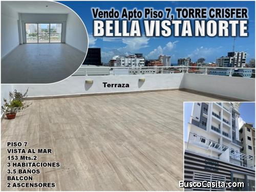 VENDO O ALQUILO Apto para Estrenar en Bella Vista Norte, CON VISTA AL MAR, 3 habs., 153 Mts.2,  Piso