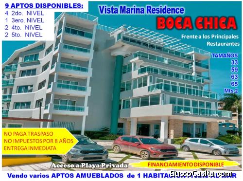 VENDO VARIOS  APTOS AMUEBLADOS 1 HABITACION EN  BOCA CHICA, TORRE VISTA MARINA RESIDENCE, FRENTE AL 