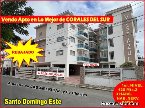 Vendo Apto en lo Mejor de  CORALES DEL SUR, 3 HABS., 1ER. NIVEL, 120 Mts.2, Patio, REBAJADO