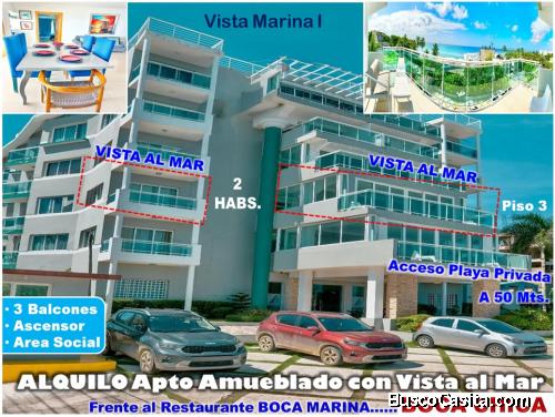 ALQUILO EXCLUSIVO APTO AMUEBLADO EN BOCA CHICA, 2 HABS., 3 BALCONES CON VISTA AL MAR EN CADA BALCON