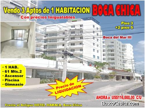 Vendo 3 APTOS de 1 HAB. en TORRE BOCA DEL MAR III, BOCA CHICA, CON PRECIO DE LIQUIDACION REAL, Piso 