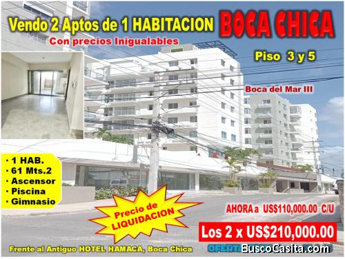 Vendo 2 APTOS de 1 HAB., REBAJADOS en BOCA CHICA, TORRE BOCA DEL MAR III,  CON PRECIO DE LIQUIDACION