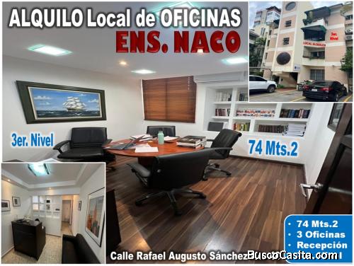SE ALQUILA LOCAL DE OFICINAS ENS. NACO, 3 OFICINAS, RECEPCION, 74 Mts.2, 3er. NIVEL, con el mejor pr