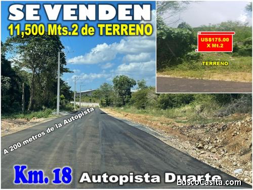 Vendo Terreno Km 18, Autopista Duarte, 11,500 Mts.2, a 200 Mts. Autopista Duarte, calle Asfaltada.