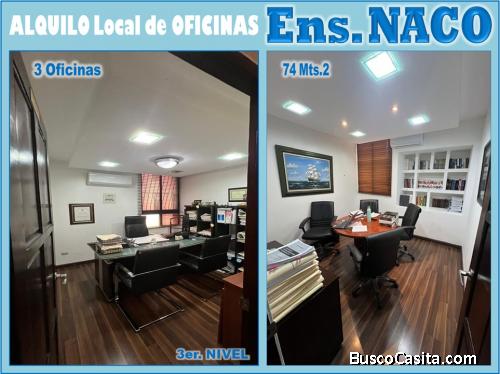 LOCAL DE OFICINAS EN ALQUILER, ENS. NACO, 3 OFICINAS, RECEPCION, 74 Mts.2, 3er. NIVEL
