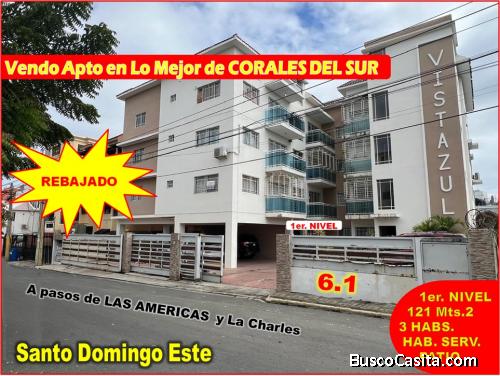 Vendo Apto en CORALES DEL SUR, 1er. Nivel, 3 HABS., 120 Mts.2, Patio, REBAJADO