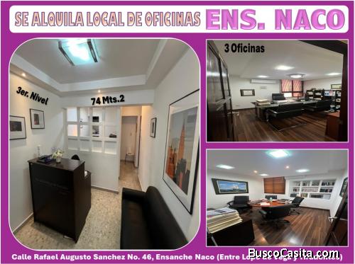 ALQUILO LOCAL DE OFICINAS EN EL  ENS. NACO, 3 OFICINAS, RECEPCION, 74 Mts.2, 3er. NIVEL, con el mejo