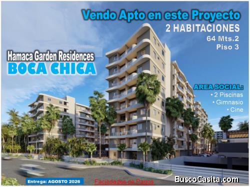 VENDO APTO 2 HABS. EN PROYECTO HAMACA GARDEN RESIDENCES, BOCA CHICA, PISO 3, BALCON