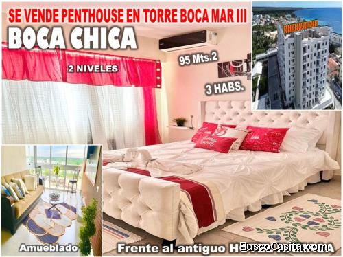 SE VENDE PENTHOUSE AMUEBLADO, 3 HABS. TORRE BOCA DEL MAR III, BOCA CHICA, CON VISTA AL MAR