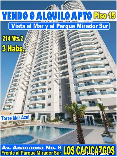 Vendo o  alquilo Apto en Torre MAR AZUL frente Parque Mirador Sur, Piso 15, 214 Mts.2, 3 Habs.