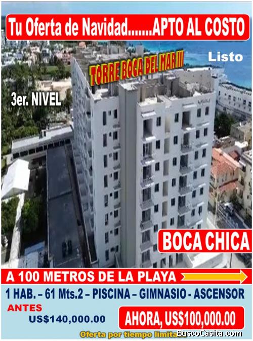 OFERTA NAVIDEÑA:  APTO 1 HAB. AL COSTO EN BOCA CHICA, TORRE BOCA DEL MAR III, PISO 3, 61 Mts.2…A 100