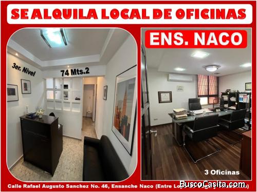 ALQUILO LOCAL DE OFICINAS, ENS. NACO, 3 OFICINAS, RECEPCION, 74 Mts.2, 3er. NIVEL, con el mejor prec