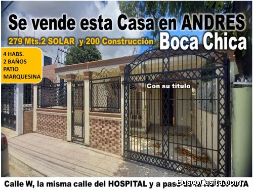 SE VENDE CASA EN ANDRES, BOCA CHICA, A 1 ESQ. DE LA AUTOPISTA, 4 HABS., 279 Mts.2