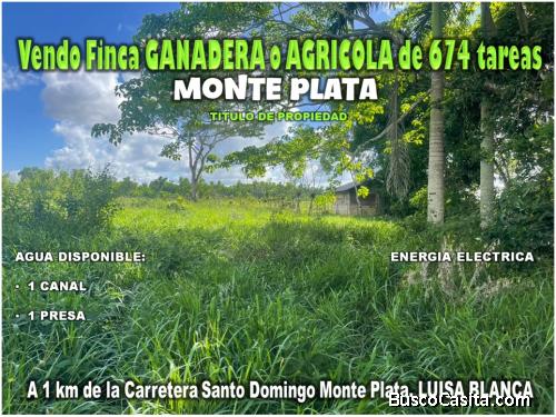 Vendo Finca GANADERA o AGRICOLA  de 674 TAREAS en LUISA BLANCA, Monte Plata