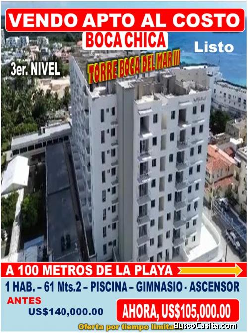 Vendo APTO 1 Hab. AL COSTO en BOCA CHICA, Torre BOCA DEL MAR III, Piso 3, 61 Mts.2…A 100 Mts. de  LA