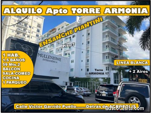 ALQUILO APTO de 1 HAB, 7MO. NIVEL, BALCON, ENS. PIANTINI, TORRE ARMONIA 17