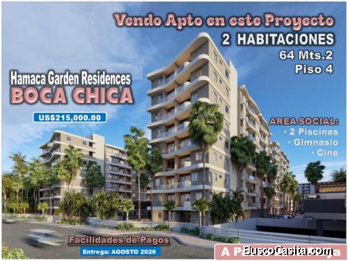 VENDO APTO 2 HABS. EN PROYECTO HAMACA GARDEN RESIDENCES, BOCA CHICA, PISO 4, BALCON